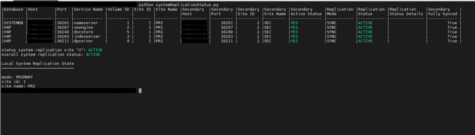 systemReplicationStatus.py command output