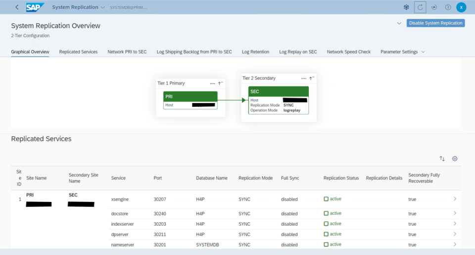 Database replication parameter screen